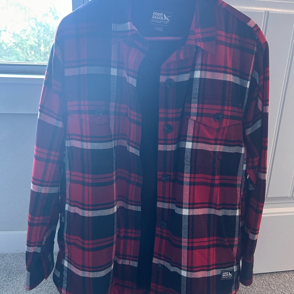 Eddie Bauer Red and Black Plaid Sherpa-Lined Shirt Jacket
